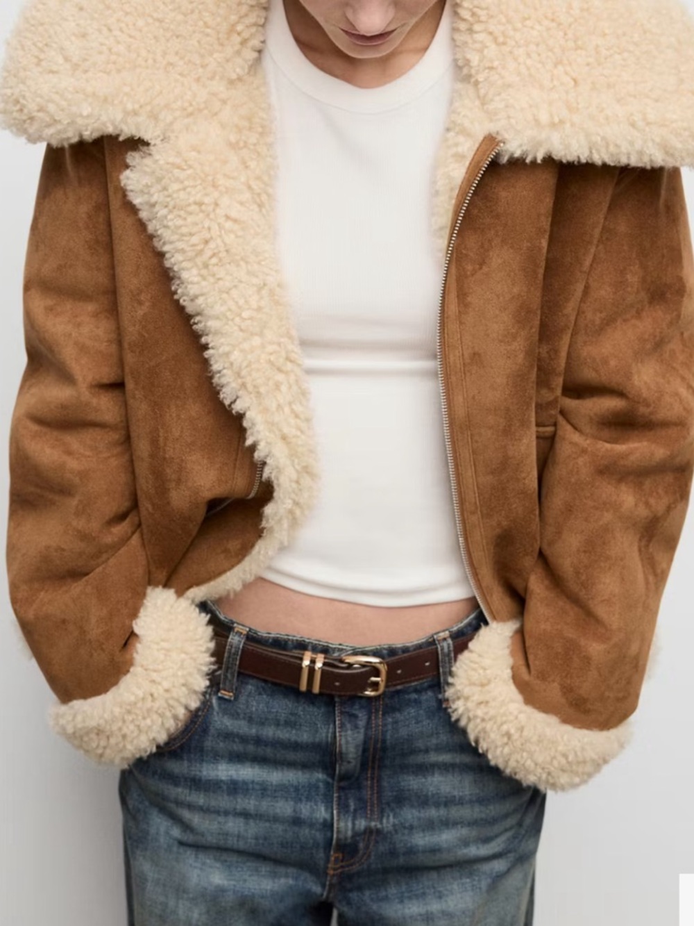 Mango Brown Jacket with Cream Faux DOUBLE-FACED SHEARLING JACKET 7804 - Picture 7 of 7